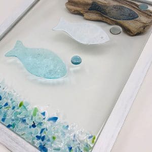 hand crafted fish resin artwork made with sea glass and drift wood