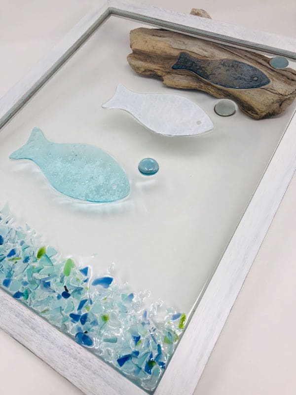 hand crafted fish resin artwork made with sea glass and drift wood