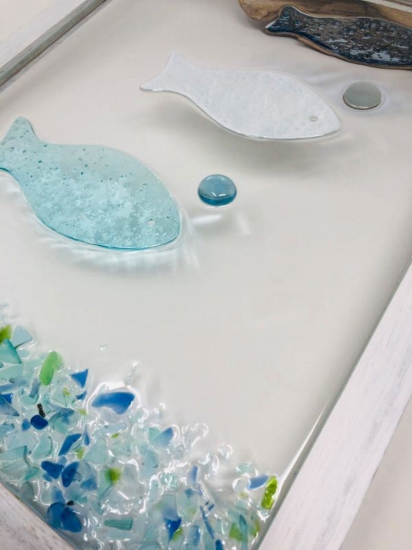 hand crafted fish artwork made with sea glass and drift wood