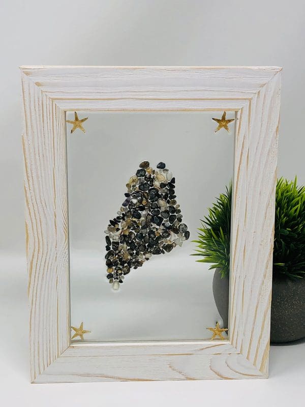 handcrafted multi colored maine pebble resin wall art with natural wood frame