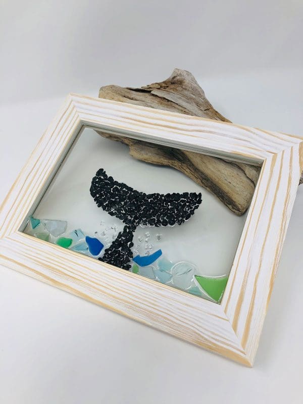 black pebble whale tale resin wall art with sea glass accents